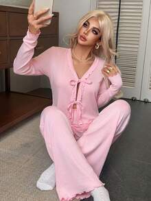 Women's Pink 2Pcs Pajama Set Ruffle-Trimmed Tie-Front Long-Sleeve Top & Wide-Leg Pants Heart Jacquard Knit Cute Loungewear Sleepwear Valentine's Day - Pink - View 4