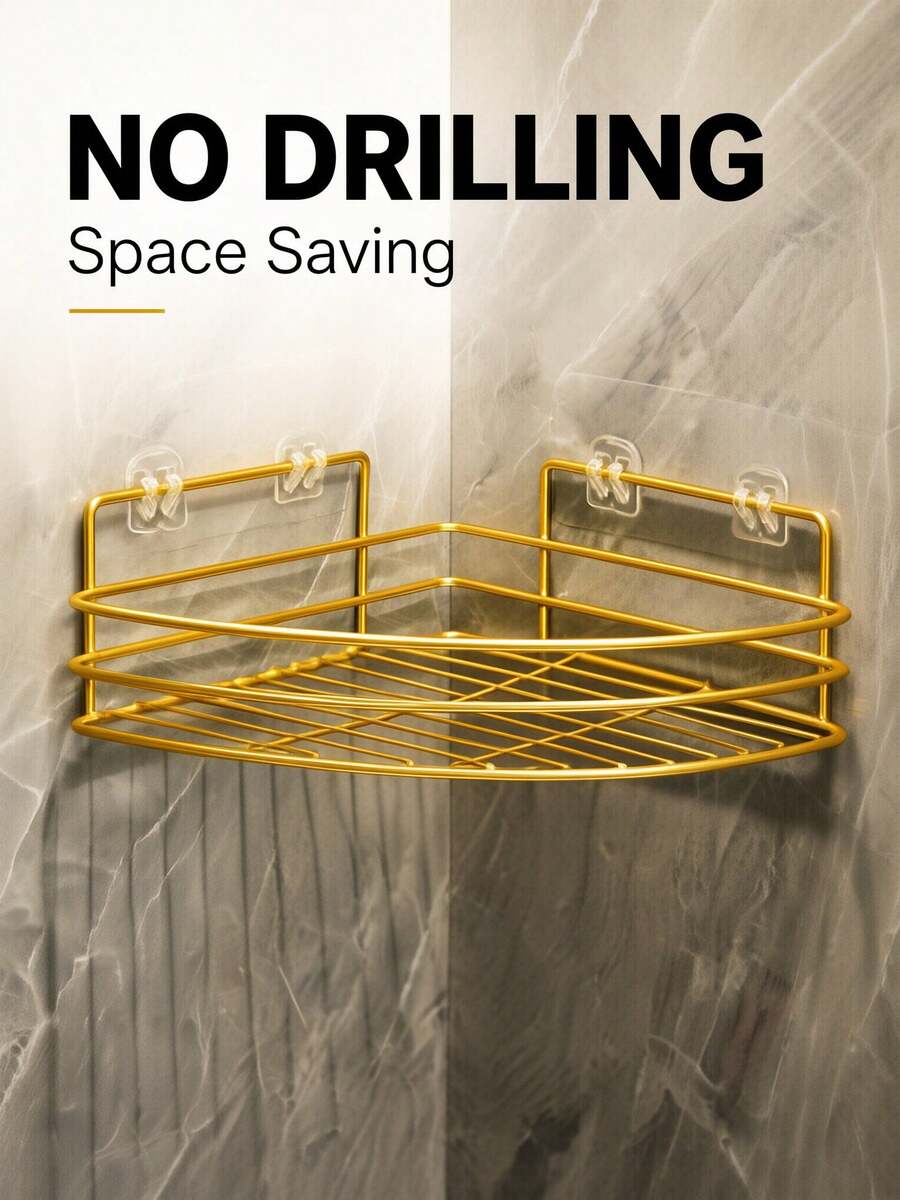 1pc Bathroom Shower Corner Shelf, Drill-Free Design, For Storing Shampoo And Body Wash - Gold - View 1