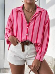 Plus Size Women's Drop Shoulder Long Sleeve Casual Striped Shirt, Autumn/Winter - Hot Pink - View 2
