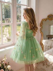 Tween Girls Asymmetrical Neckline Embroidered Floral Green Mesh Outdoor Wedding Flower Girl Dress Suitable For Prom Graduation Season, Fabric Floral Pattern Randomly Cut, Headband Not Included - Green - View 6