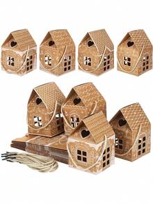 12pcs Christmas House Shaped Kraft Paper Gift Boxes With Portable Rope Handles, Vintage Christmas Print Foldable Gift Packaging Boxes, Holiday Party Favor Containers, Christmas Table Decor And Gift Wrapping Supplies - Multicolor - View 1