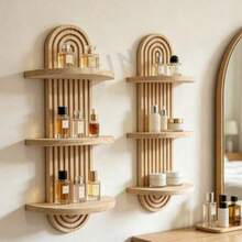 3-Tier Arched Floating Wall Shelf With Grooved Texture, Wall-Mounted Display Rack For Home Decor - Wood Color - View 2