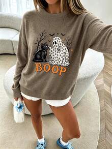 大尺碼女款萬聖節幽靈黑貓 BOOP 字母印花寬鬆圓領套頭毛衣 - 土灰色 - 查看 5
