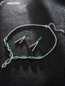 Luxury Marquise Rhinestone Tassel Jewelry Set For Women, V-Shaped Necklace + Long Tassel Earrings, Full Rhinestone Trim Light Luxury Evening Jewelry - Green and White - View 2