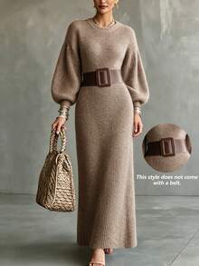 Women's Autumn/Winter Grey Brown Soft Ribbed Knit Crew Neck Lantern Sleeve Fitted Long Sweater Dress, Elegant Casual Daily Commute Layering Style - Maroon - View 3