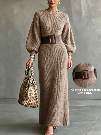 Women's Fall Winter Heather Brown Soft Ribbed Knit Crew Neck Lantern Sleeve Slim Fit Long Sweater Dress, Elegant Casual Daily Office Layering Wear