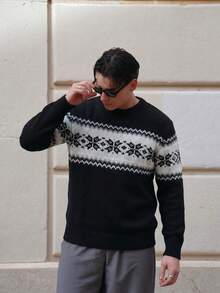Men's Casual Versatile Plaid Jacquard Crew Neck Long Sleeve Knit Sweater, Korean Style, Suitable For Autumn And Winter - Black - View 1