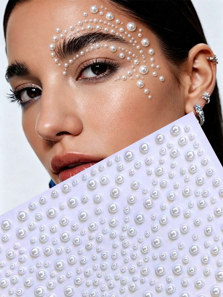 1/4/7 Sheets Pearl Face Jewels Sticker, Rave Accessories Y2K Festival Gift DIY Music Festival Party Makeup Masquerade, Applicable To Hair, Eyes, Face, Body Decorations,Concert Look,Face Gems - White - View 1