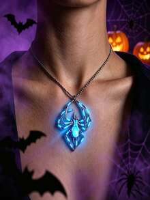 VJS 1pc Glow-In-The-Dark Spider Pendant Necklace, Gothic Punk Style Glowing Animal Design Collarbone Chain, Halloween Dark Aesthetic Jewelry, Unisex - Punk Style Glowing Spider Necklace - View 5