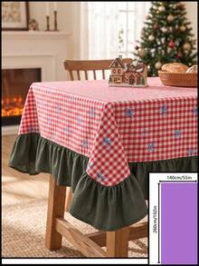 1pc Red & White Classic Small Plaid Blue Bow Print Tablecloth, Traditional Country Style Rectangular Green Leaf Edge Pleated Detail Stain-Resistant Protective Table Cover, Suitable For Christmas Family Gathering And Winter Holiday Dining Room Decor - Red - View 13