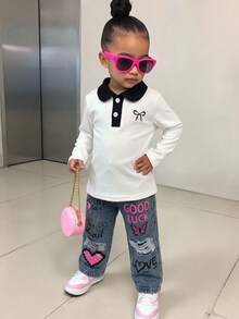 Baby Girl 2pcs Set, Contrast Color Lapel Button Bow Ribbed Long Sleeve Pullover Top + Letter Distressed Butterfly Print Denim Pants - White - View 2
