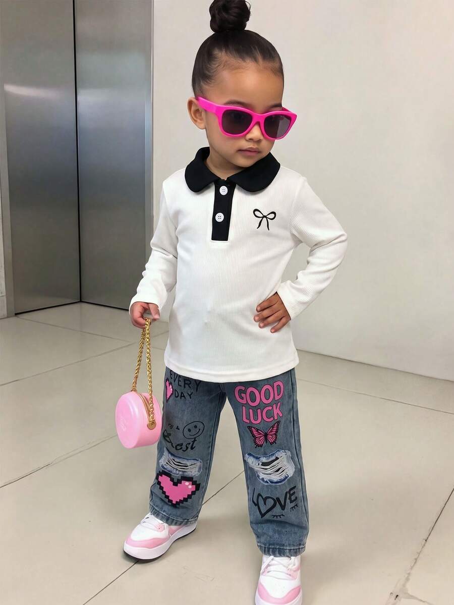 Baby Girl 2pcs Set, Contrast Color Lapel Button Bow Ribbed Long Sleeve Pullover Top + Letter Distressed Butterfly Print Denim Pants - White - View 1
