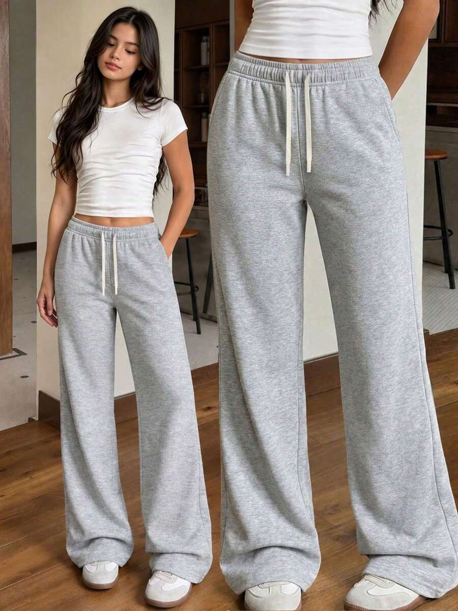 1pc Teens/Girls' Retro Street Style Wide Leg Sweatpants, Loose Straight Relaxed Fit Casual Long Pants, Versatile For Daily Wear - Light Grey - View 1