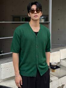 Spring Summer Men's New Casual Loose Minimalist Solid Color Korean Style Basic Versatile Commute Elegant Textured Lazy High Street V-Neck Button Front Short Sleeve Knit Cardigan Jacket - Green - View 2