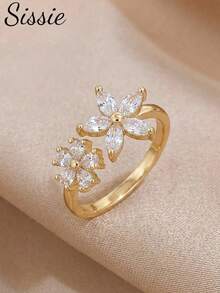 1pc Girl's Gold-Plated Five-Petal Flower Crystal Ring, Adjustable Flower Ring, Delicate Stackable Jewelry For Girls Party Prom Dates & Daily Wear - one-size - View 1