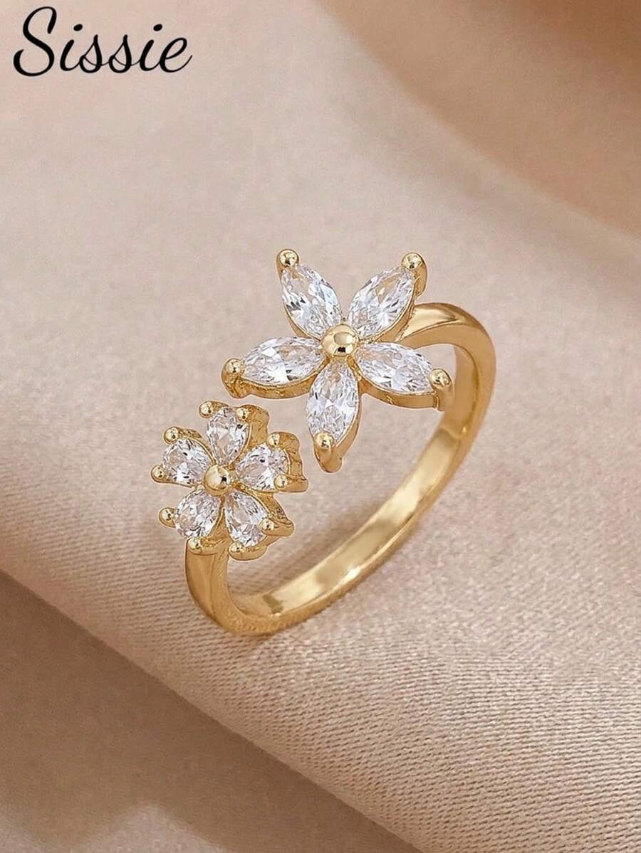 1pc Girl's Gold-Plated Five-Petal Flower Crystal Ring, Adjustable Flower Ring, Delicate Stackable Jewelry For Girls Party Prom Dates & Daily Wear - one-size - View 1
