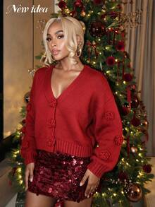 New Idea Women's Red Autumn Knit Cardigan, V-Neck Long Puff Sleeve 3D Floral Button Short Elegant Sweater, Suitable For Party - Red - View 5