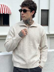 Men's Solid Color Loose Knit Pullover Sweater, Korean Style Casual Commuter Wear, Textured Neutral Design, Long Sleeve Half-Zip Cardigan, Autumn/Winter - Apricot - View 2