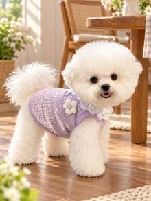 1pc Pet Knit Vest With D-Ring Harness, Lace Collar & 3D Flower Decor, Spring Autumn Clothes For Small Dogs Cats Bichon Teddy Yorkshire - Lilac Purple - View 4