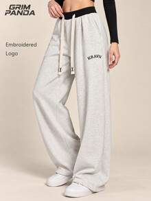 GRIM PANDA Women's Spring Autumn Wide Leg Sweatpants, Contrast Elastic Waist Drawstring Pants, Letter Embroidery Loose Soft Breathable Daily Streetwear Trousers - Light Grey - View 2