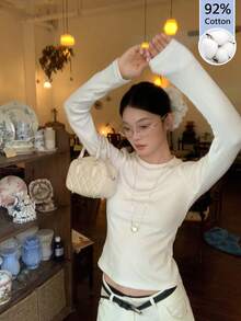 Autumn Pure Cotton Long Sleeve T-Shirt, Versatile White Top For Women, Slimming Solid Color Inner Layer Base Shirt - White - View 5