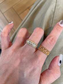 3pcs Old Money Style Vintage Super Shiny Cubic Zirconia Pave Rings Set, Suitable For Women's Daily Wear And Gatherings - Yellow Gold - View 4