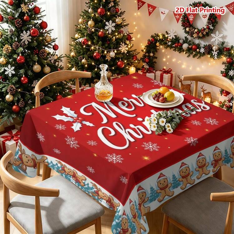 1pc Tablecloth, Christmas Gingerbread Man Cedar Frame Red Background Snowflake Holly Wreath Merry Christmas Lettering, Suitable For Kitchen Dining Table Decoration, Restaurant Setup, Picnic Camping, Party Scene, Farmhouse Style Accent, Desktop Beautification And Holiday Atmosphere Creation - Multicolor - View 13