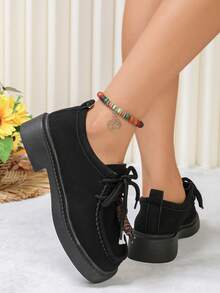 Autumn New Suede Round Toe Women's Beaded Tassel Design Thick Sole Chunky Heel Lace-Up Commuter Casual Shoes - Black - View 4