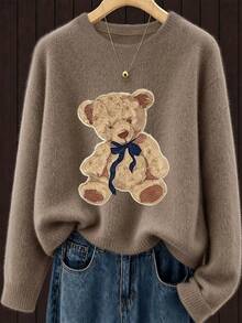 Plus Size Women's Cute Bow Teddy Bear Print Loose Long Sleeve Pullover Sweater - Earth Gray - View 9