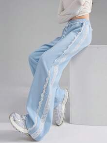 JUTU 春/秋/冬 女款灰色蕾絲拼接休閒褲，彈性腰頭，Ins韓風甜酷荷葉邊運動褲 - 淺藍色 - 查看 1