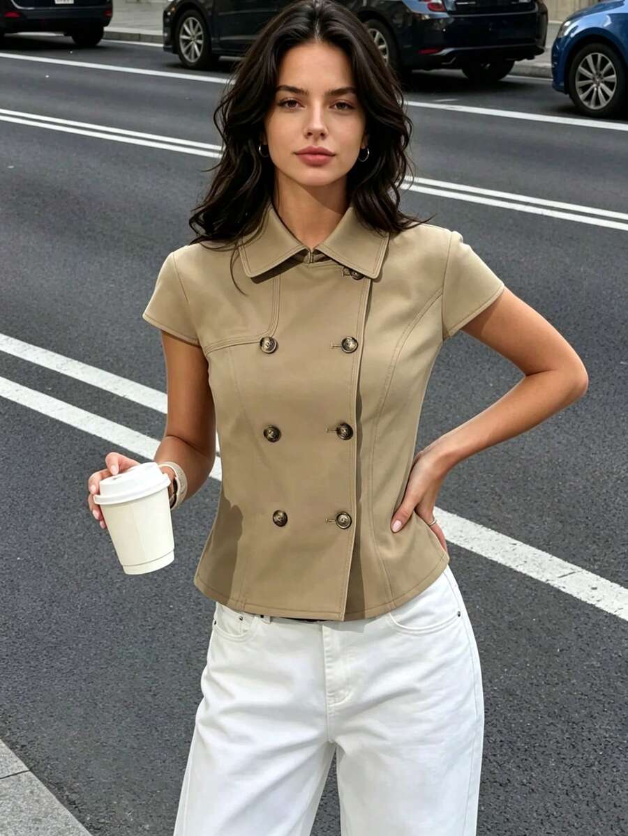 DEEKA Autumn New Women's European And American Style Fashion Minimalist Versatile Solid Color Lapel Double-Breasted Waist-Cinching Shirt - Khaki - View 1
