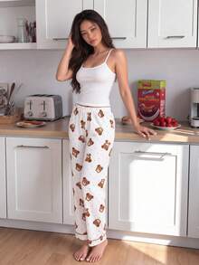 Solid Color Camisole Top And Textured Jacquard Bear Print Long Pants Loungewear Pajama Set - White - View 2