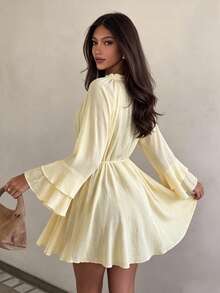 Women's Solid Color Frill Trim Flare Sleeve Fashion Casual Dress - Light Yellow - View 3