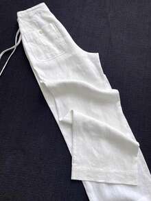 Women's White Linen Wide Leg Pants, Drawstring Elastic Waist Casual Long Pants With Back Pockets, Breathable Summer Vacation Pants - White - View 5