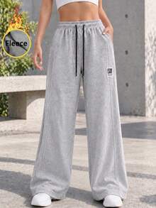 Women Thermal Lined Wide Leg Full Length Pants With Drawstring Elastic Waist Relaxed Fit Casual Sweatpants For Daily Wear. - Grey - View 9