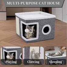 Luxury Multi-Layer Cat House - 2-Tier Bed, Toy Tunnel, Foldable Sofa, Climbing Rope And Soft Cushion - Indoor/Outdoor Cat Play Cube, Velvet Hanging Ball, Durable Nylon Frame And Canvas Material - Perfect Comfortable Home All Year Round - one-size - View 3