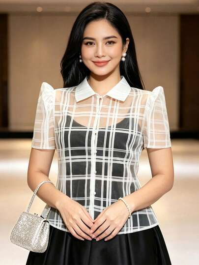 Modern Filipiniana Blouse Women's Top Butterfly Sleeves Filipiniana Striped Hollow-Out Lapel Collar Shirt