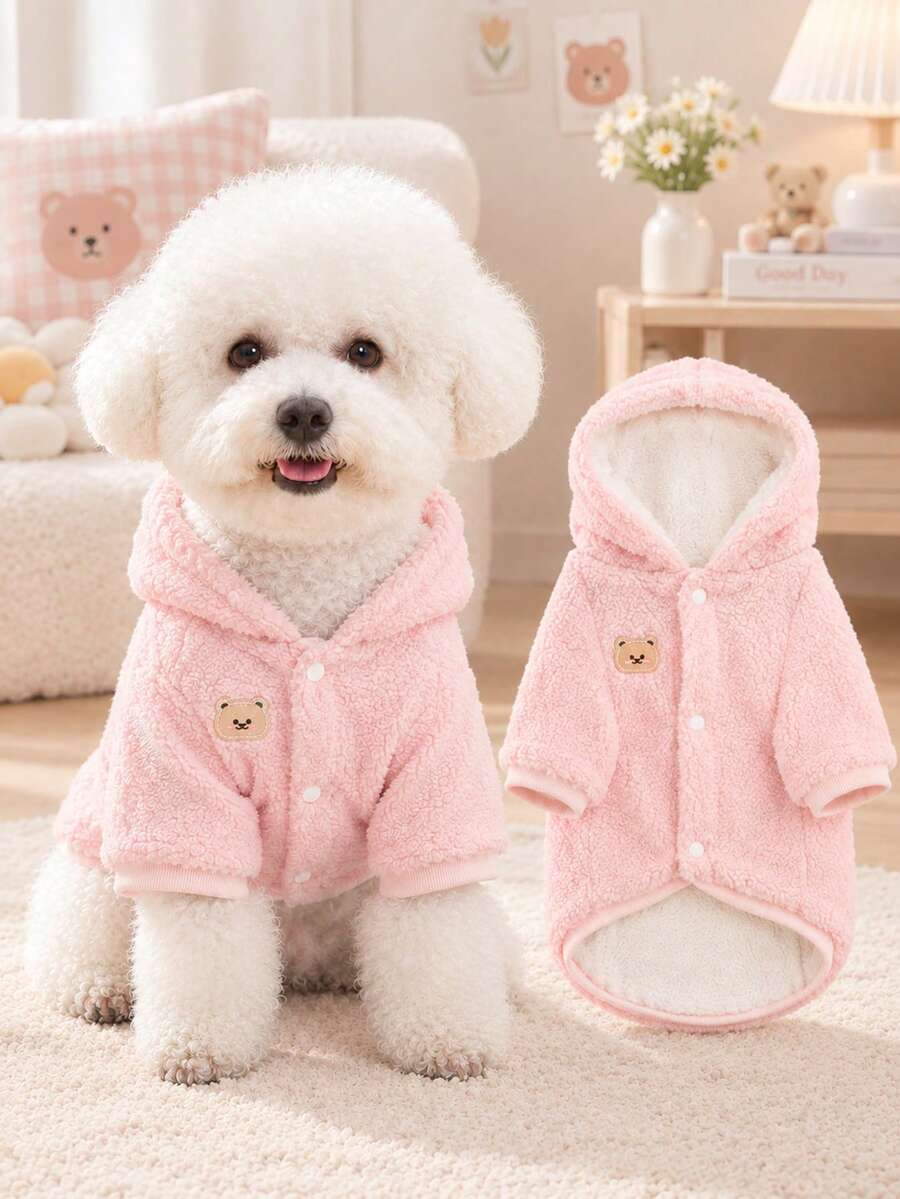 Minimalist Pure Pink Polyester Teddy Fleece Lined Pet Hoodie, Bear Pattern, Suitable For Small To Medium Pets Dogs And Cats, Winter Indoor And Outdoor Wear - Pink - View 1