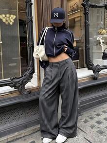 Vertical Striped High-Waist Pleated Wide Leg Suit Pants, Women's Loose Formal Trousers - Grey - View 2