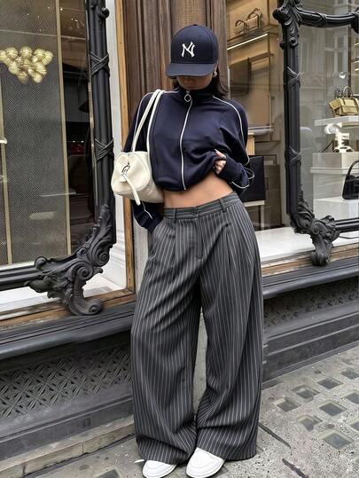 Vertical Striped High-Waist Pleated Wide Leg Suit Pants, Women's Loose Formal Trousers