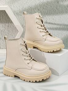 1 Pair Boys Girls Solid Color Cool Lace-Up Classic Boots, Suitable For Autumn/Winter Outdoor Ankle Boots - Beige - View 5