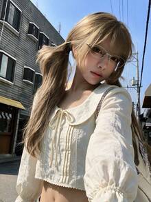 Sweet Bow Peter Pan Collar Puff Sleeve Cropped Top, Lace Patchwork Cute Autumn Short Blouse - Apricot - View 1