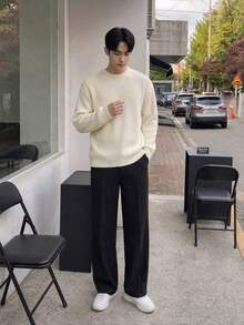 Men's Autumn/Winter Basic Solid Color Casual Fitted Lightweight Sheer Polyester Pique Texture Niche Design Long Sleeve Drop Shoulder Crew Neck Pullover Sweater - Beige - View 2