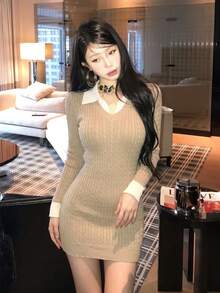 Autumn/Winter New Khaki Color Preppy Style 2 In 1 Polo Collar Contrast Color Cable Knit Slim Fit Bodycon Long Sleeve Knit Dress - Khaki - View 6