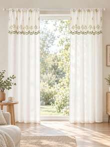 1PC French Country Floral Bellflower Embroidered Sheer Curtain - Semi-Transparent Polyester Sun-Shading Filter, Rod Pocket Design, Suitable For Kitchen, Dining Room And Living Room Decor|Room Decor - White - View 1