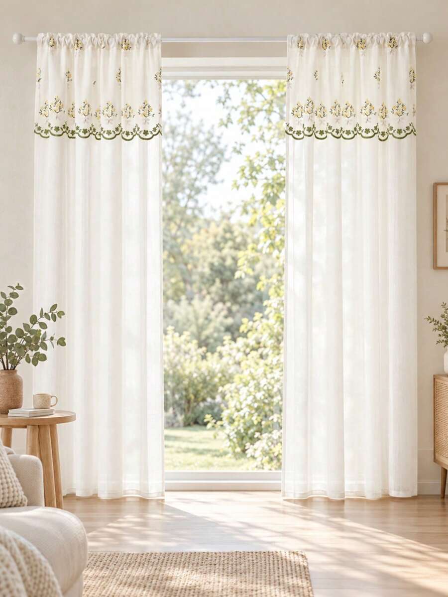 1PC French Country Floral Bellflower Embroidered Sheer Curtain - Semi-Transparent Polyester Sun-Shading Filter, Rod Pocket Design, Suitable For Kitchen, Dining Room And Living Room Decor|Room Decor - White - View 1