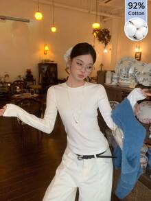 Autumn Pure Cotton Long Sleeve T-Shirt, Versatile White Top For Women, Slimming Solid Color Inner Layer Base Shirt - White - View 4