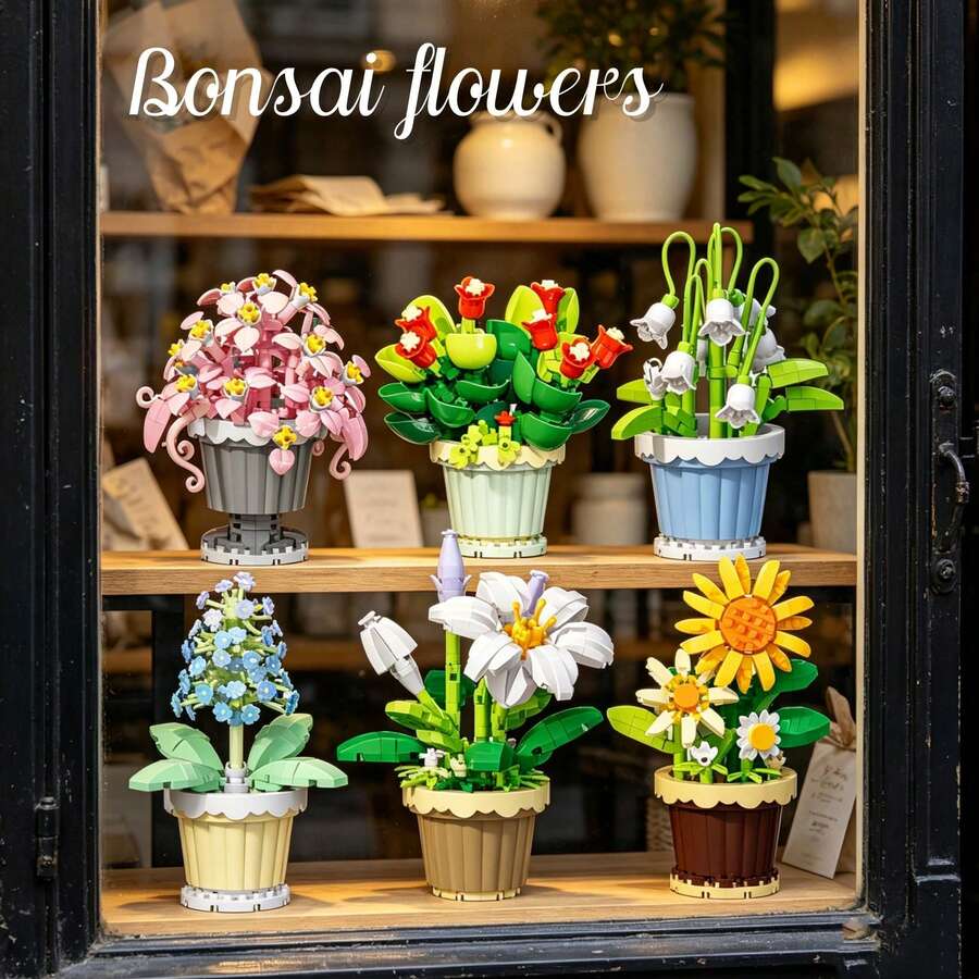 Multi-Color Building Block Potted Flower Series Includes: Lily, Hyacinth, Lily Of The Valley, Sunflower Pot, Jade Plant, Pink Spider Plant. ABS Material, Building Block Toy Set. Atmospheric Display Decor, Suitable For Hobbyists And Collectors. Halloween, Christmas, Carnival Party Gift. - Multicolor - View 1