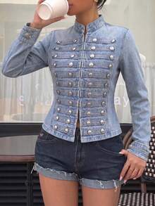 Women Y2K Vintage Washed Cropped Denim Jacket, Stand Collar Multi Buttons Military Style Short Jean Coat - Blue - View 6