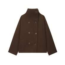 Women's New Solid Color Retro Double-Breasted High Neck Coat, Autumn/Winter Commuter Jacket - Chocolate Brown - View 4
